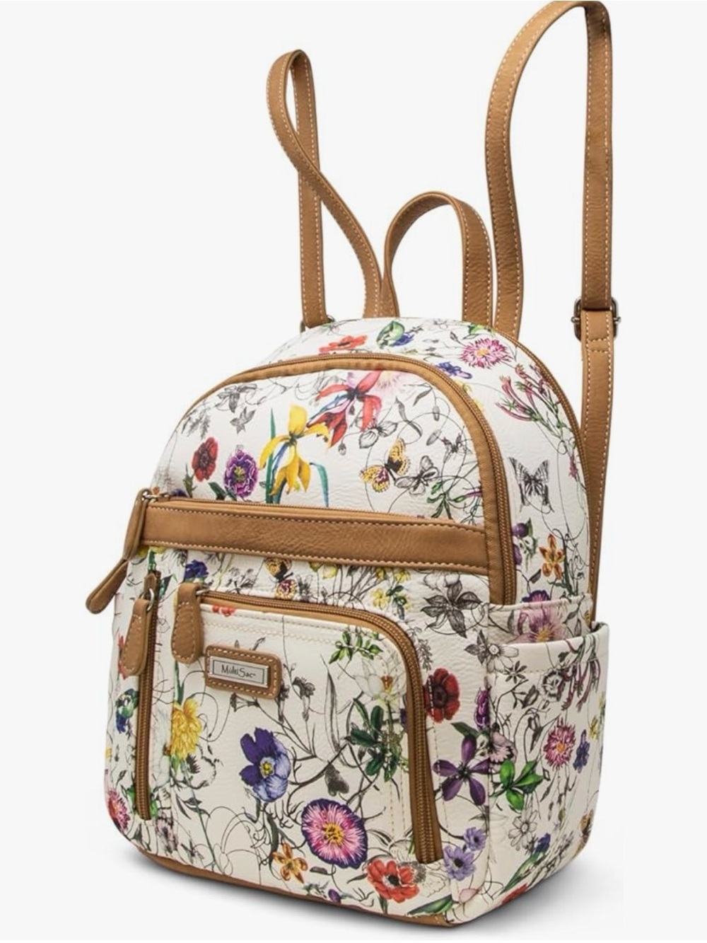 Floral Print Mini Backpack in Cream and Tan